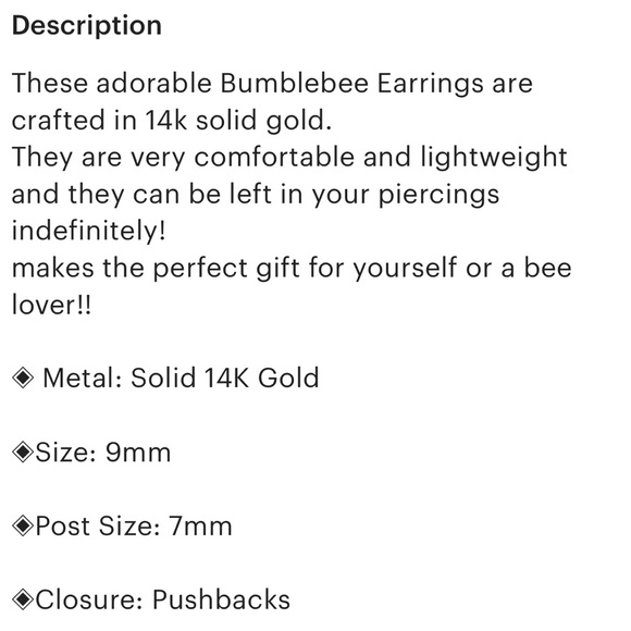 NEW SOLID 14K Gold Bee Stud Earrings - Picture 5 of 5